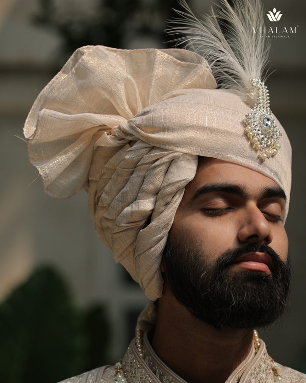 Classic Beige Golden Groom Turban with Diamond Brooch & Feather
