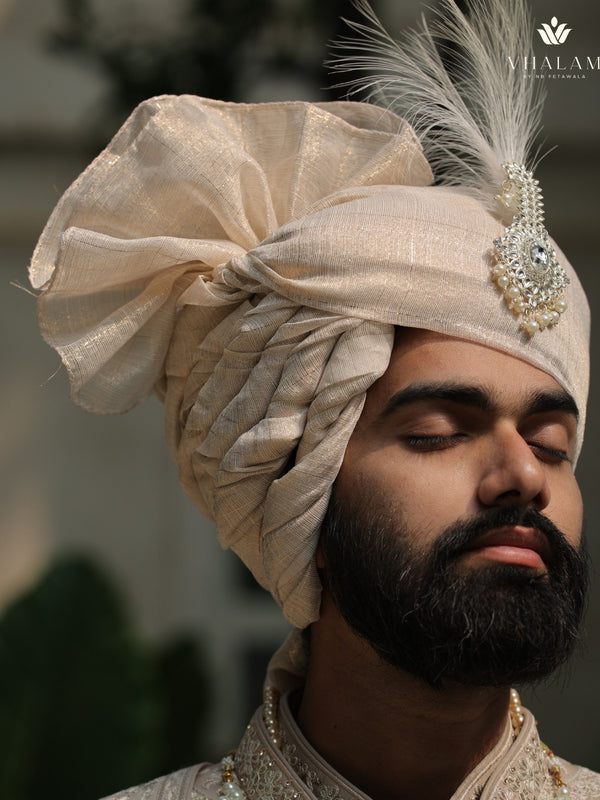 Classic Beige Golden Groom Turban with Diamond Brooch & Feather