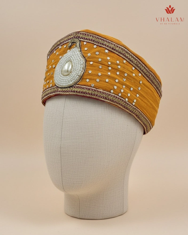 Mustard Yellow Wedding Pagdi with Pearl Kalgi & Sequin Work