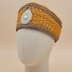 Mustard Yellow Wedding Pagdi with Pearl Kalgi & Sequin Work