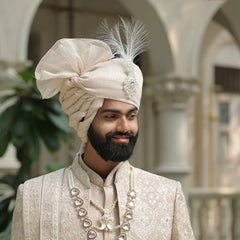 Classic Beige Golden Groom Turban with Diamond Brooch & Feather