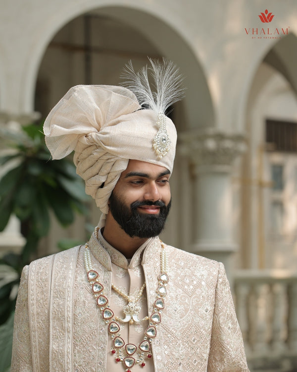 Classic Beige Golden Groom Turban with Diamond Brooch & Feather