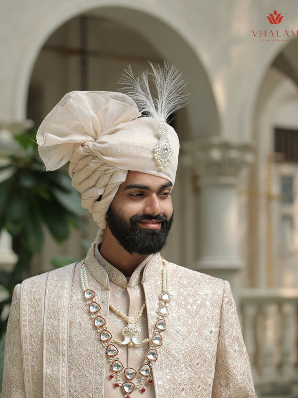 Classic Beige Golden Groom Turban with Diamond Brooch & Feather