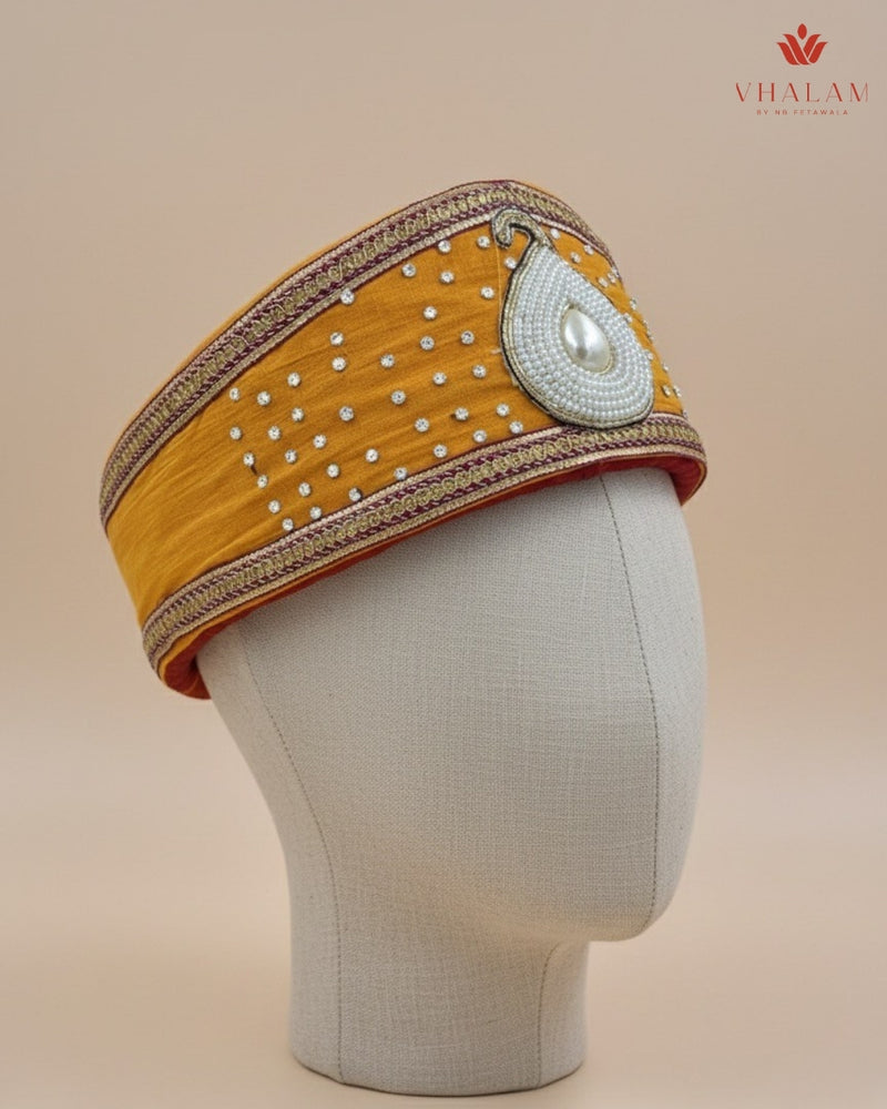 Mustard Yellow Wedding Pagdi with Pearl Kalgi & Sequin Work