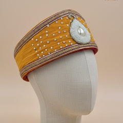 Mustard Yellow Wedding Pagdi with Pearl Kalgi & Sequin Work