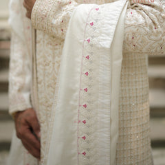 Cream Silk Shawl with Subtle Pink Accents and Border Detailing