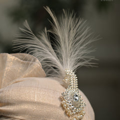 Classic Beige Golden Groom Turban with Diamond Brooch & Feather