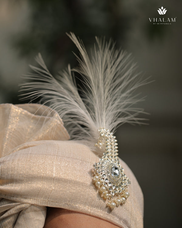 Classic Beige Golden Groom Turban with Diamond Brooch & Feather