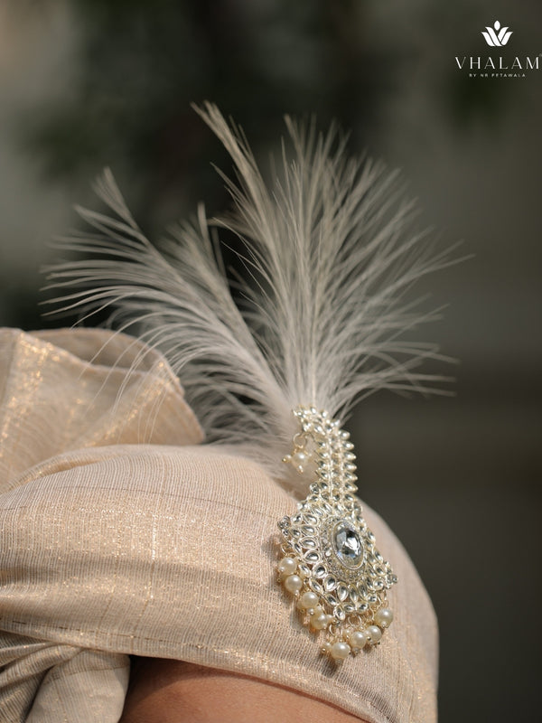 Classic Beige Golden Groom Turban with Diamond Brooch & Feather
