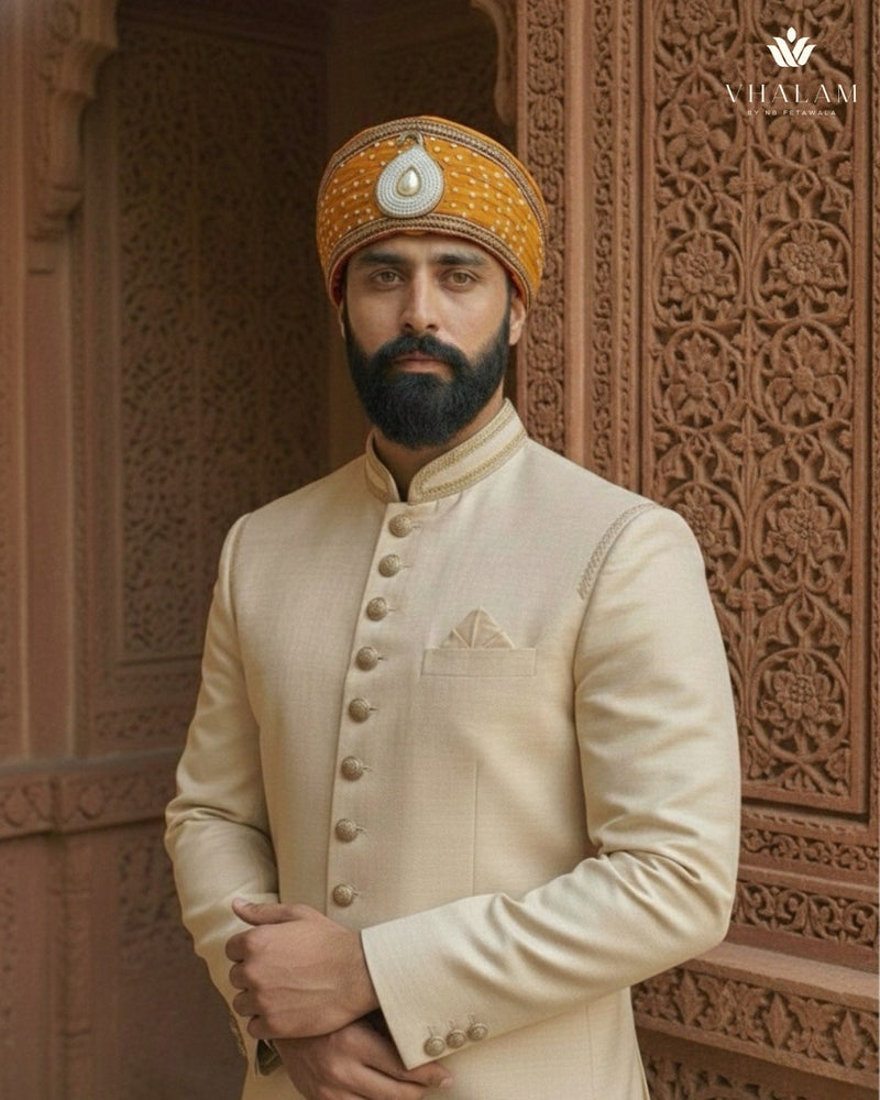 Mustard Yellow Wedding Pagdi with Pearl Kalgi & Sequin Work