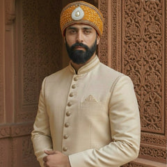 Mustard Yellow Wedding Pagdi with Pearl Kalgi & Sequin Work