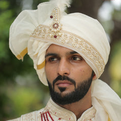 Ivory Gold Embroidered Groom Turban with Brooch & Feather