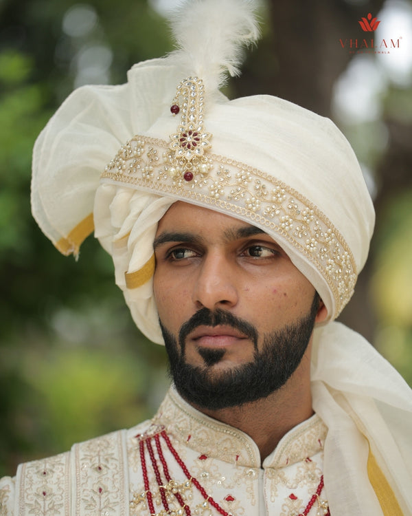 Ivory Gold Embroidered Groom Turban with Brooch & Feather