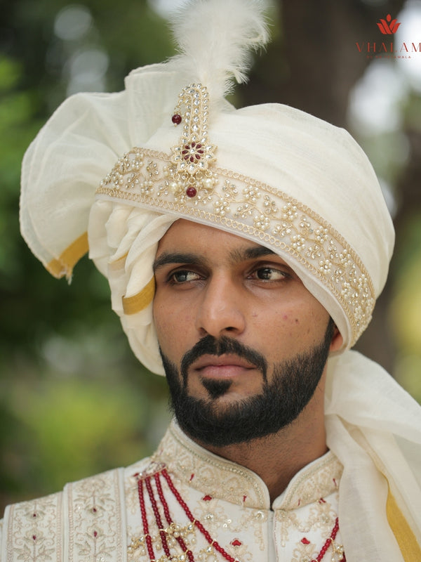 Ivory Gold Embroidered Groom Turban with Brooch & Feather