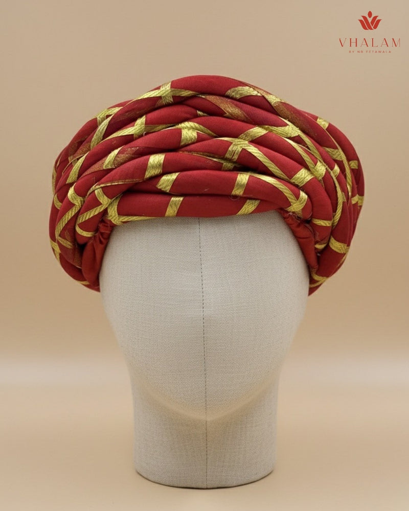 Royal Red & Gold Criss-Cross Striped Rajasthani Pagdi