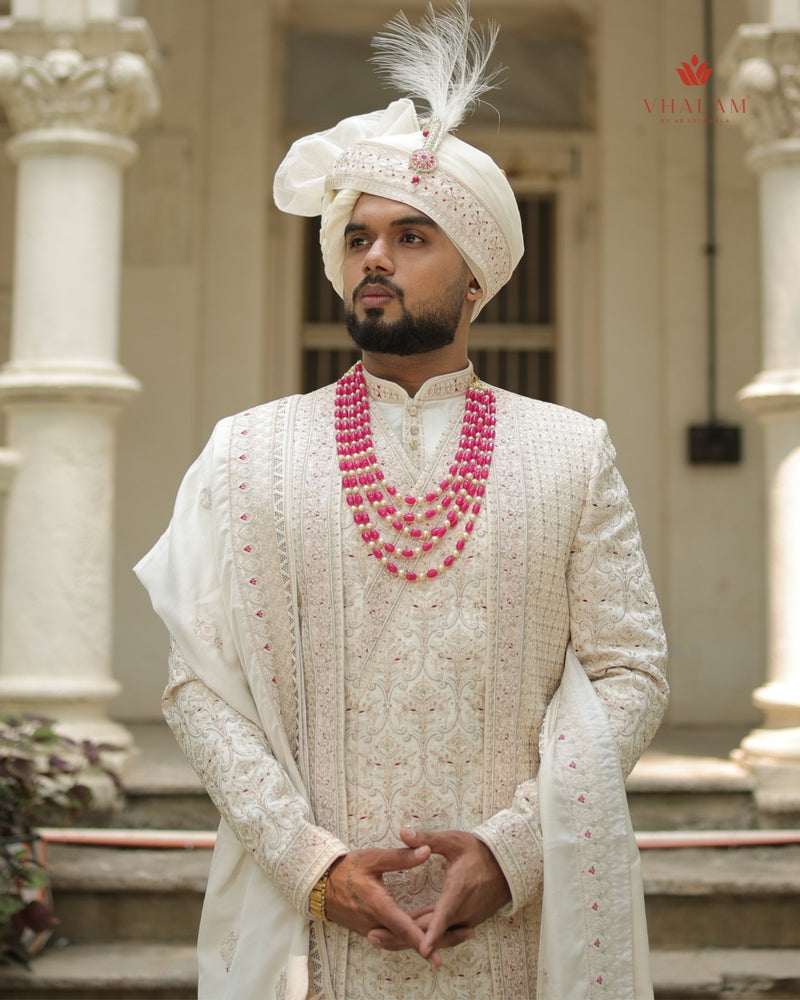 Cream Silk Shawl with Subtle Pink Accents and Border Detailing