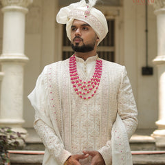 Cream Silk Shawl with Subtle Pink Accents and Border Detailing