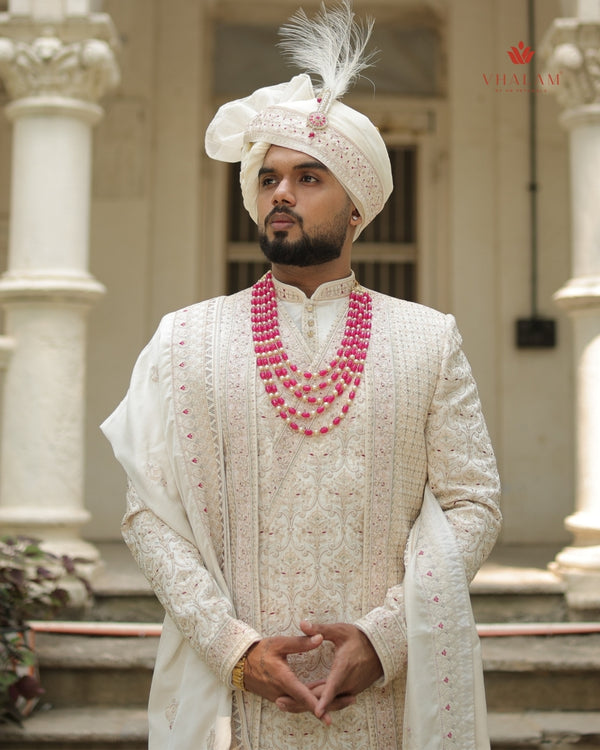 Cream Silk Shawl with Subtle Pink Accents and Border Detailing