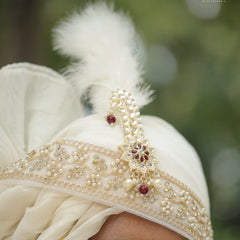 Ivory Gold Embroidered Groom Turban with Brooch & Feather
