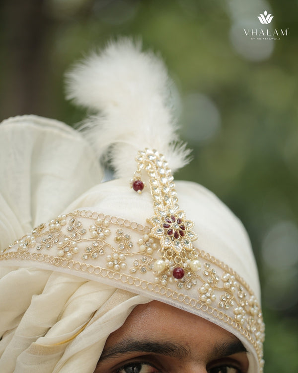 Ivory Gold Embroidered Groom Turban with Brooch & Feather