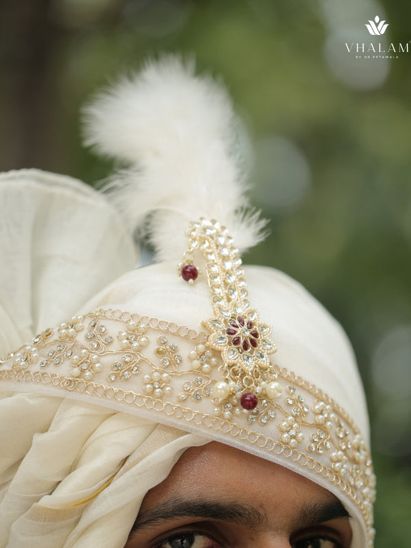 Ivory Gold Embroidered Groom Turban with Brooch & Feather