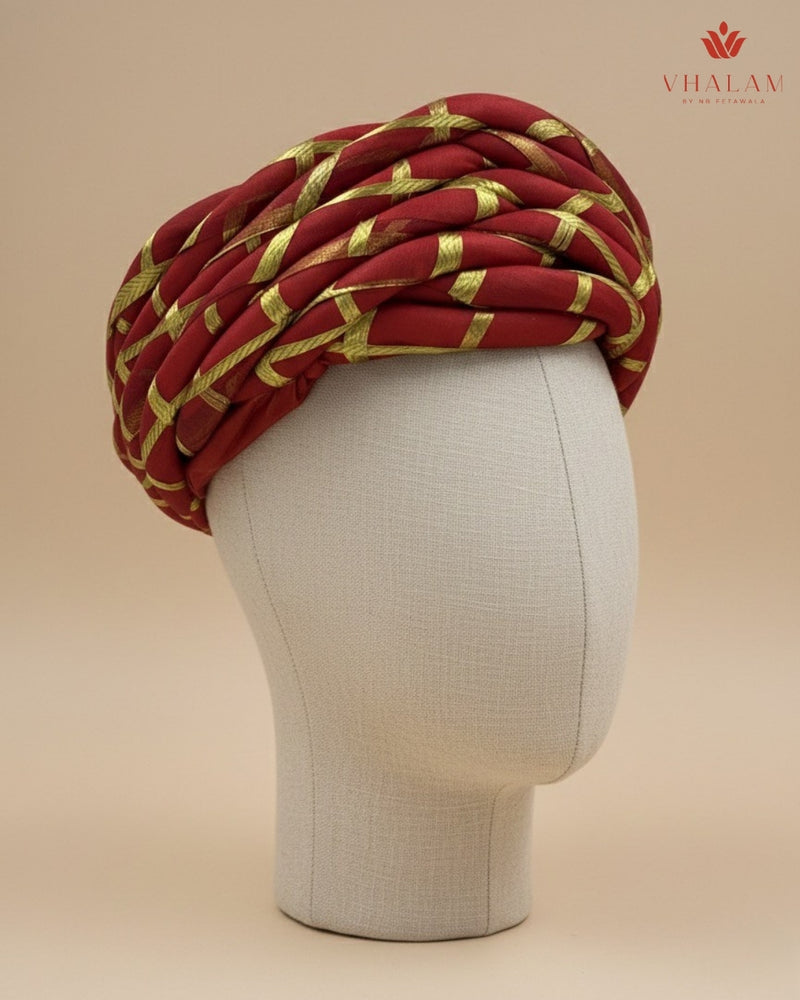 Royal Red & Gold Criss-Cross Striped Rajasthani Pagdi