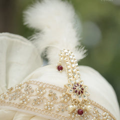 Ivory Gold Embroidered Groom Turban with Brooch & Feather