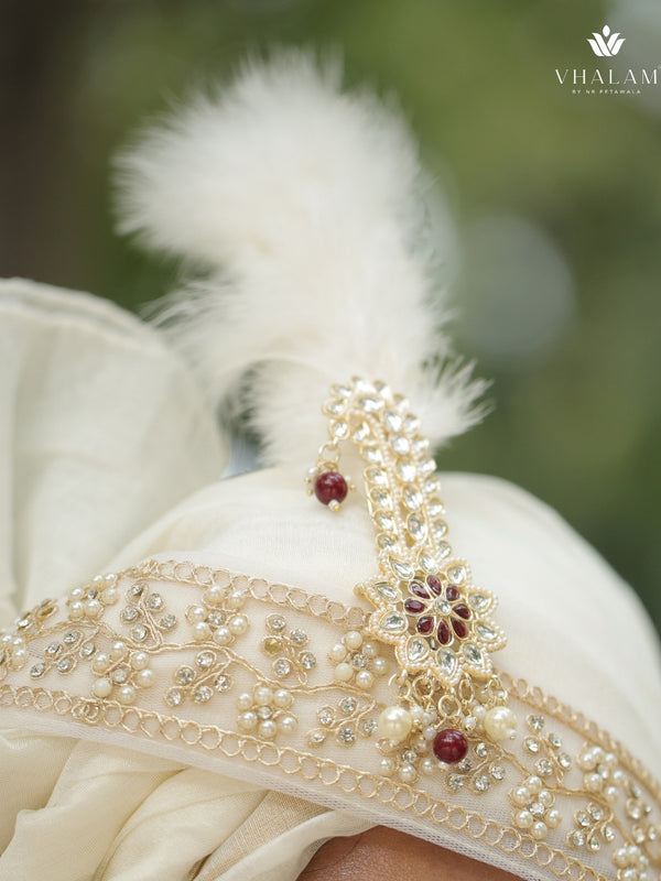 Ivory Gold Embroidered Groom Turban with Brooch & Feather