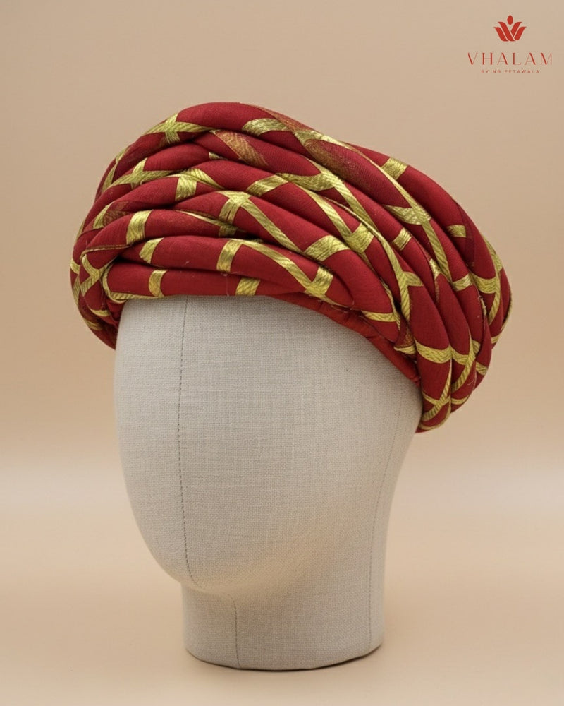 Royal Red & Gold Criss-Cross Striped Rajasthani Pagdi