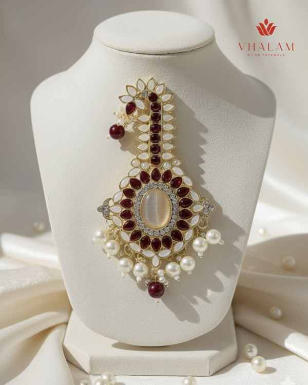 Emerald Maroon And Ivory Kundan Pearl Brooch