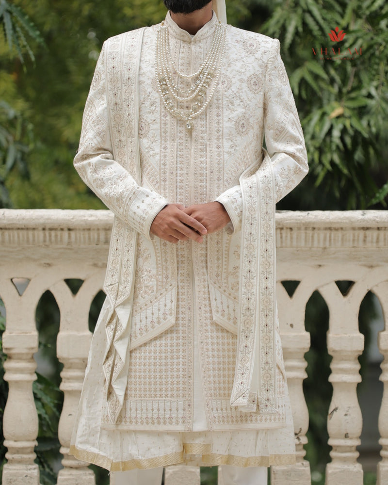 Ivory Embroidered Groom Dupatta with Red and Gold Detailing