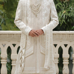 Ivory Embroidered Groom Dupatta with Red and Gold Detailing