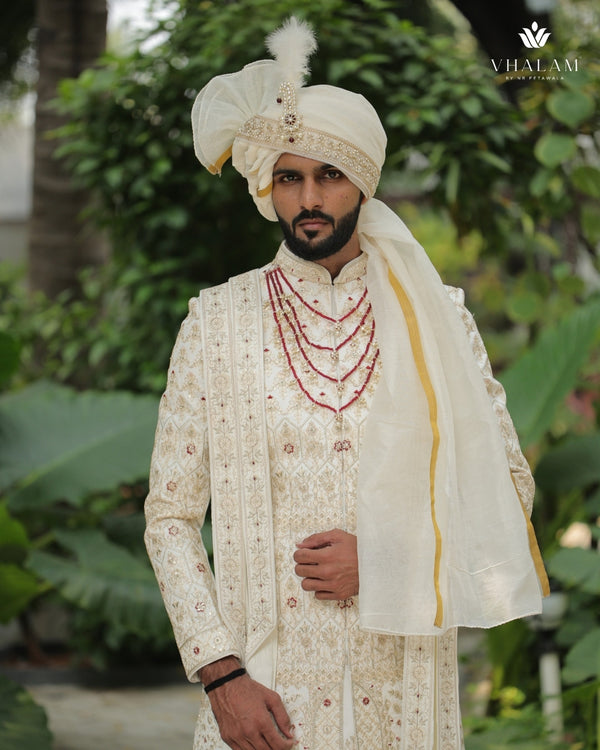Ivory Gold Embroidered Groom Turban with Brooch & Feather