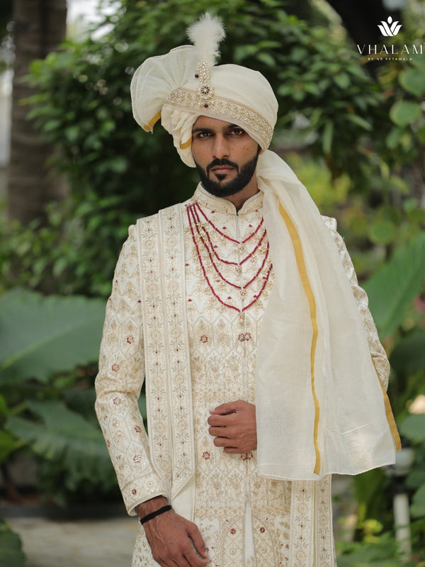 Ivory Gold Embroidered Groom Turban with Brooch & Feather