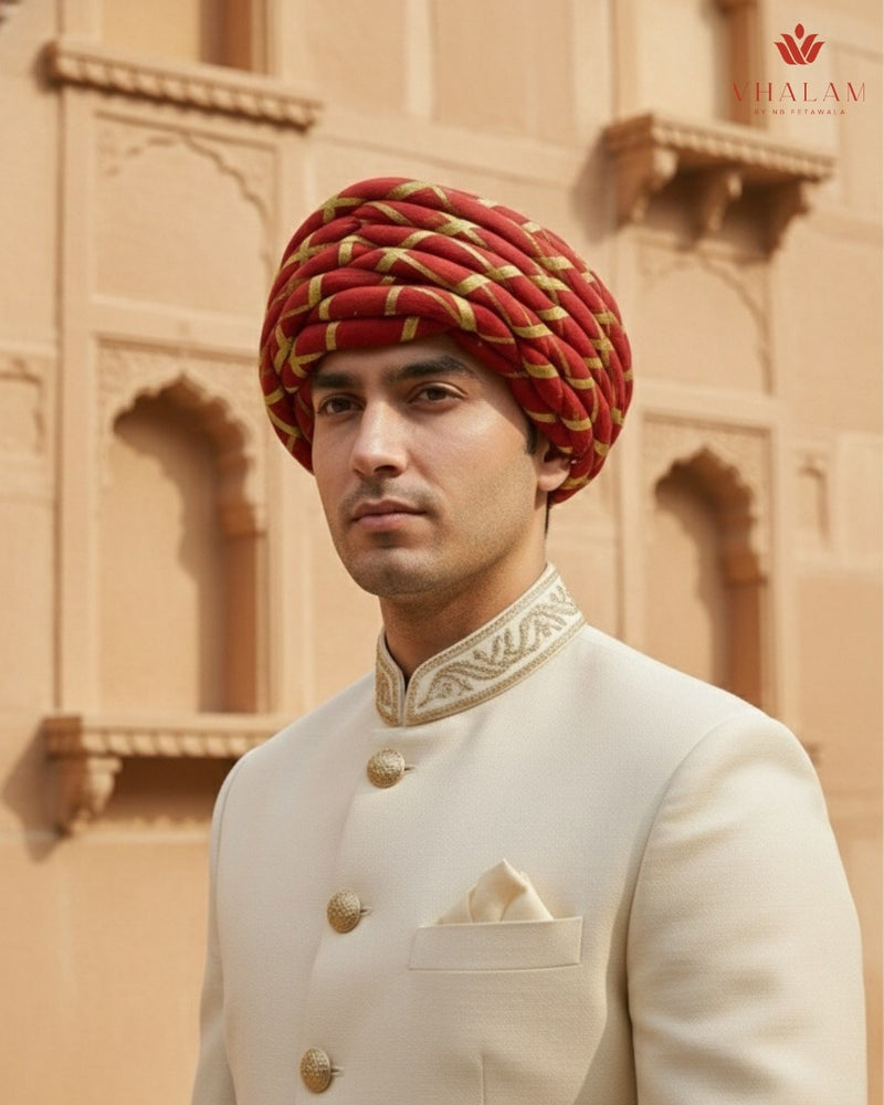 Royal Red & Gold Criss-Cross Striped Rajasthani Pagdi