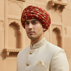 Royal Red & Gold Criss-Cross Striped Rajasthani Pagdi