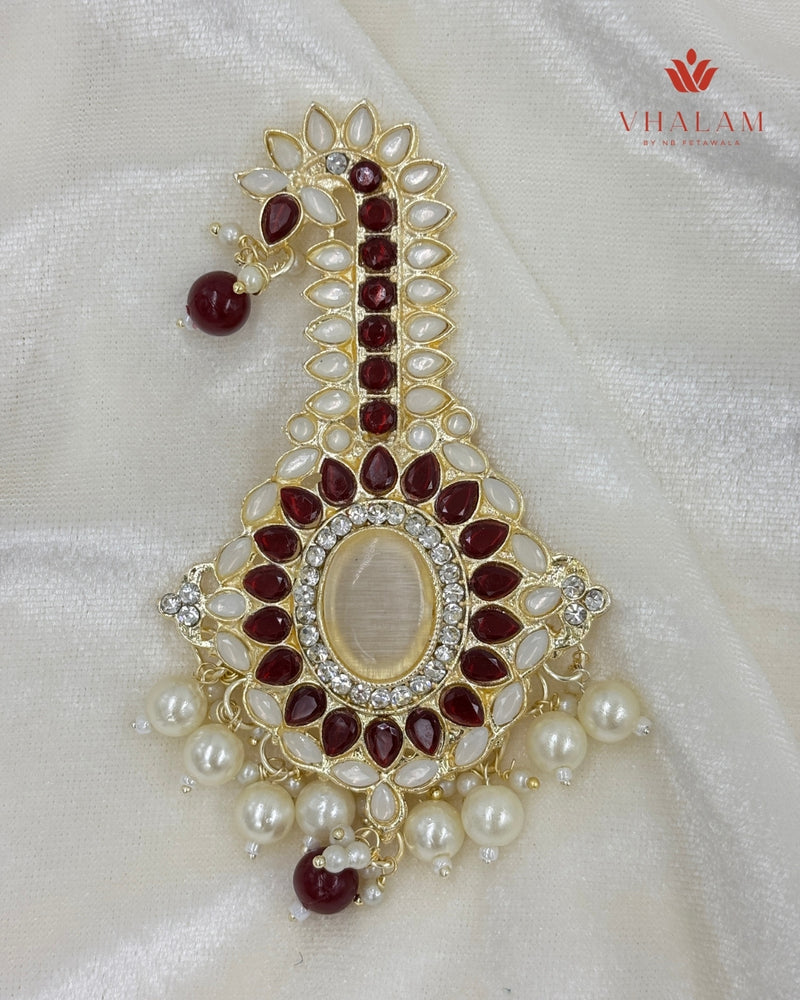 Emerald Maroon And Ivory Kundan Pearl Brooch