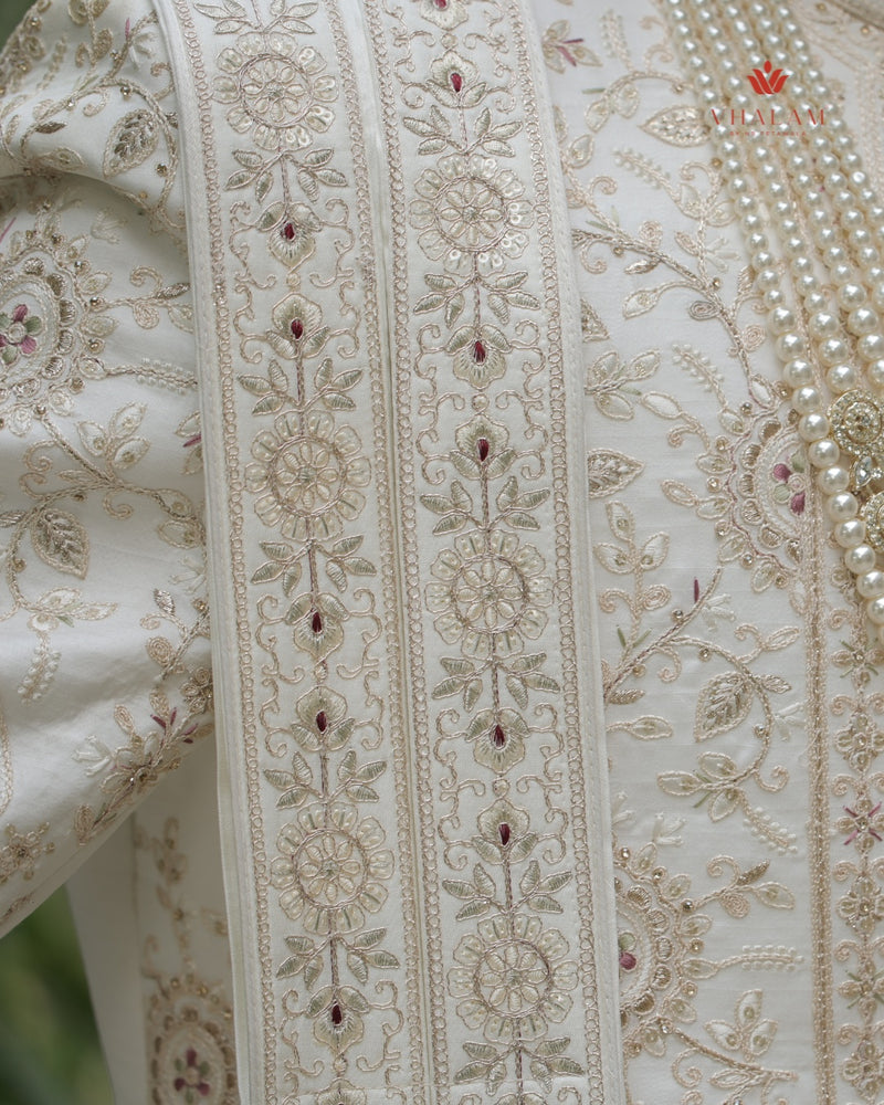 Ivory Embroidered Groom Dupatta with Red and Gold Detailing