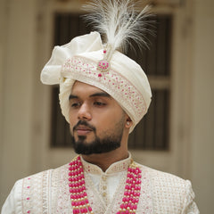 Ivory Wedding Turban with Pink Embroidery & Brooch