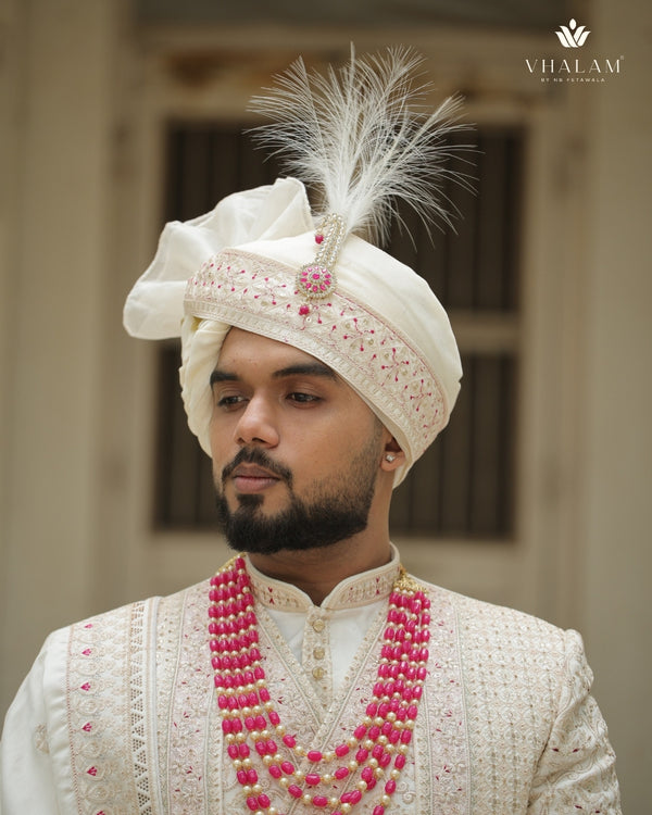 Ivory Color Safa Ivory Wedding Hand-Tied Safa with Pink Embroidery & Brooch – Vhalam