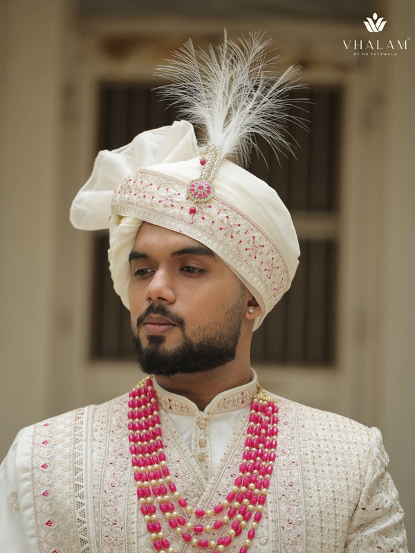 Ivory Wedding Turban with Pink Embroidery & Brooch