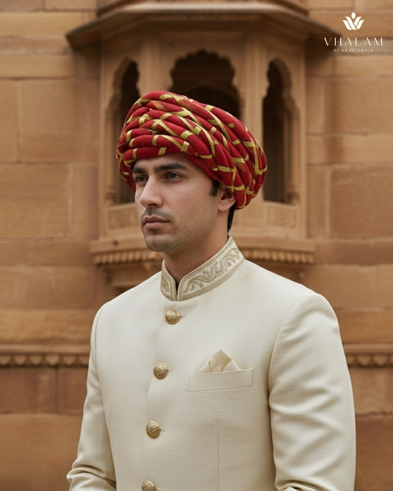 Royal Red & Gold Criss-Cross Striped Rajasthani Pagdi