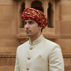 Royal Red & Gold Criss-Cross Striped Rajasthani Pagdi