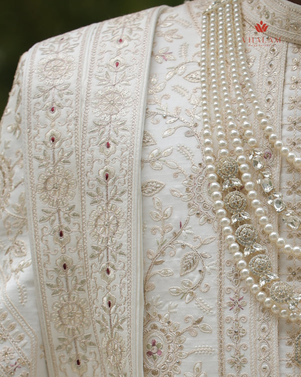 Ivory Embroidered Groom Dupatta with Red and Gold Detailing