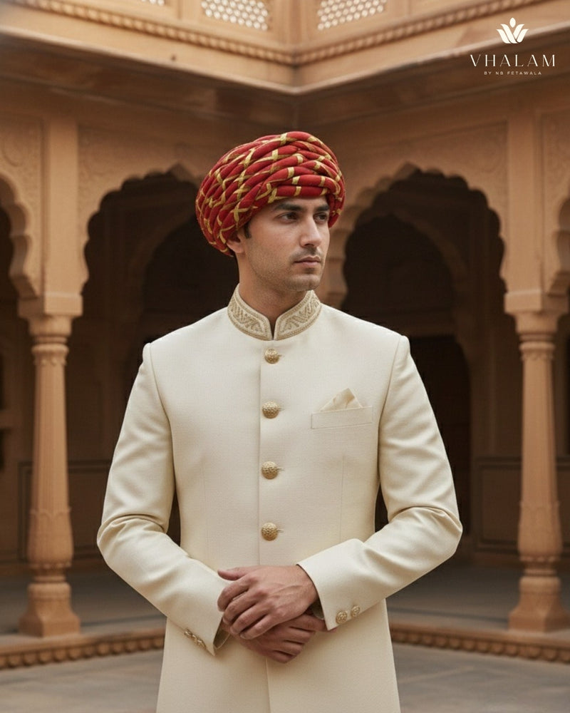 Royal Red & Gold Criss-Cross Striped Rajasthani Pagdi