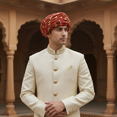 Royal Red & Gold Criss-Cross Striped Rajasthani Pagdi