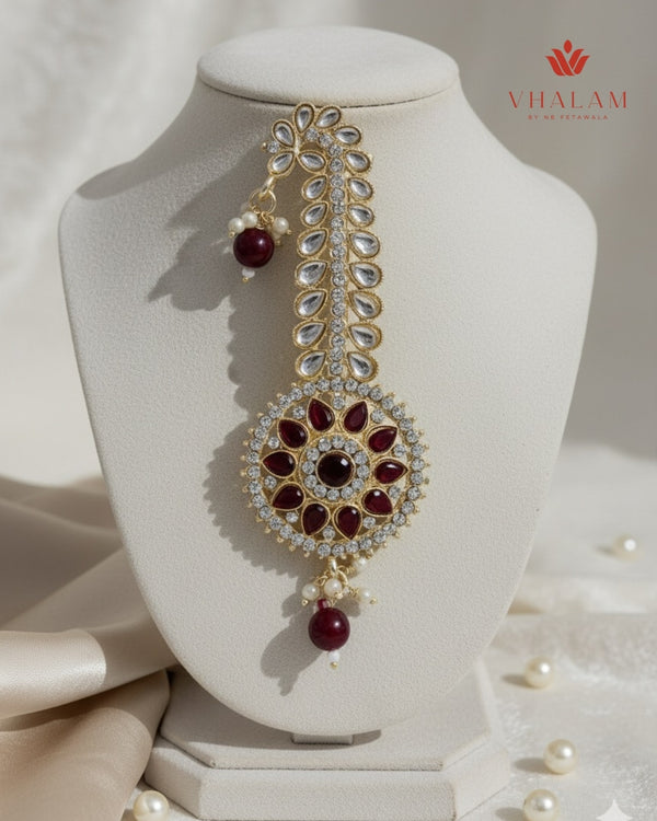 Regal Round Maroon Kundan Turban Brooch