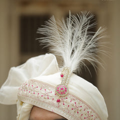 Ivory Wedding Turban with Pink Embroidery & Brooch