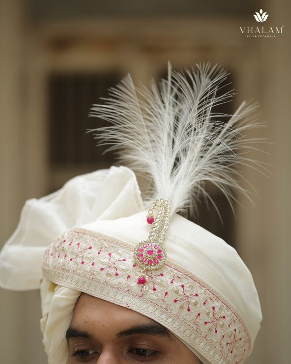 Ivory Wedding Turban with Pink Embroidery & Brooch