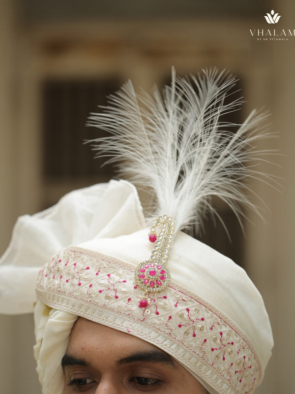 Ivory Color Safa Ivory Wedding Hand-Tied Safa with Pink Embroidery & Brooch – Vhalam